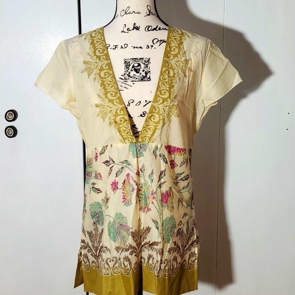 J.Jill- Womens Organic Floral Cream Top Vneck Artsy Boho Sz.Small